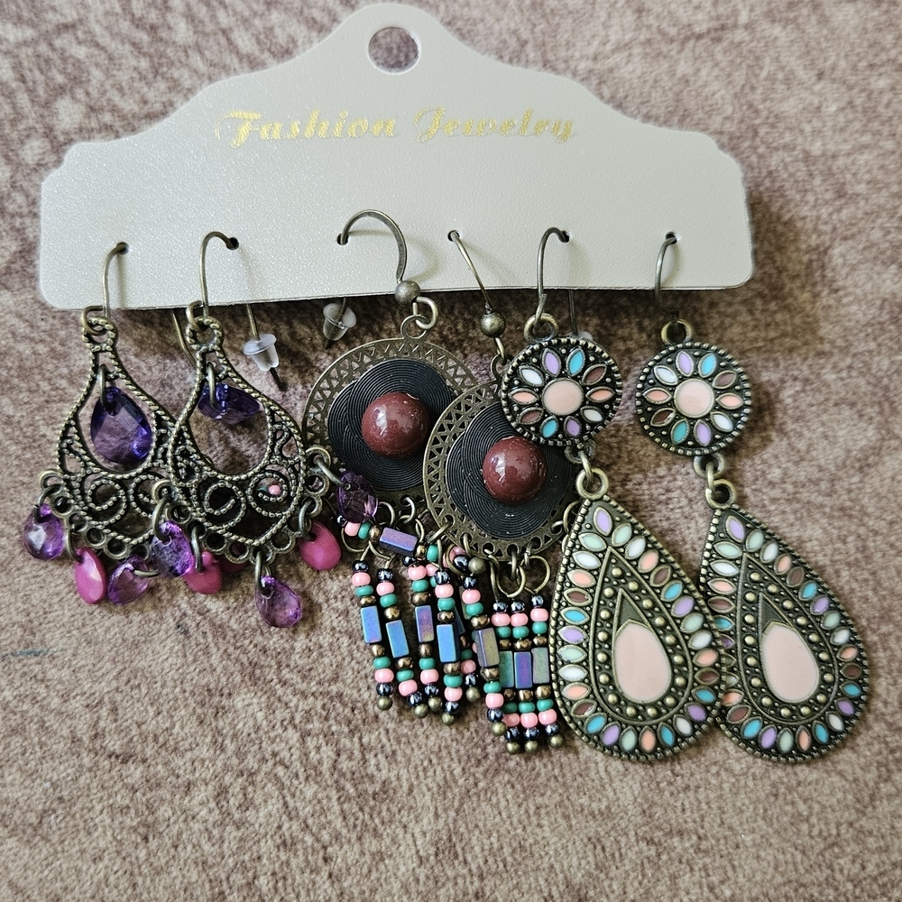Fashion Jewelry Boho Chic Earring Set with Purple and Pink Accents
